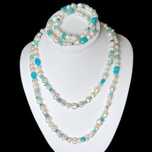Vintage Honora Pearl & Gemstone Necklace & Bracelet Set, 40 inches Turquoise